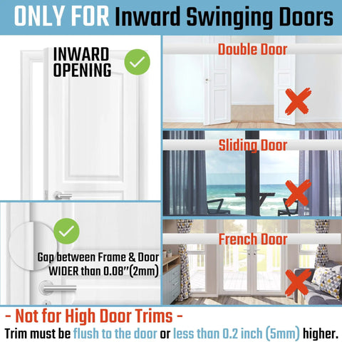 Diagram showing 2 Pack Home Security Door Reinforcement Lock Childproof Aluminum Frame Lock Heavy Duty 800 Lbs Rated Easy Install Prevent Unauthorized Entry Silver Finish Keeps Kids Safe and Intruders Out compatibility with various doors.