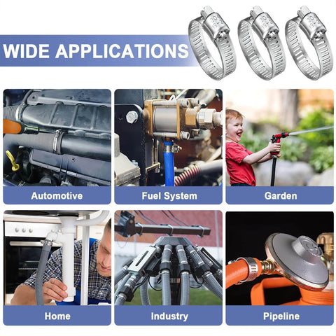 Qibaok 120 Piece Stainless Steel Hose Clamps Assortment Kit With One Quarter Inch To One And One Half Inch Worm Gear Clamps shown in various applications