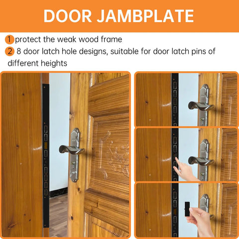 Built Like A Tank Five Piece Door Reinforcement Kit For Jamb And Frame With Hinge Guard showing door jamb plate with multiple latch hole designs.
