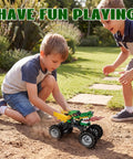Monster Dragon Truck Building Kit For Kids Green, kid assembling green pull-back truck on dirt outdoors