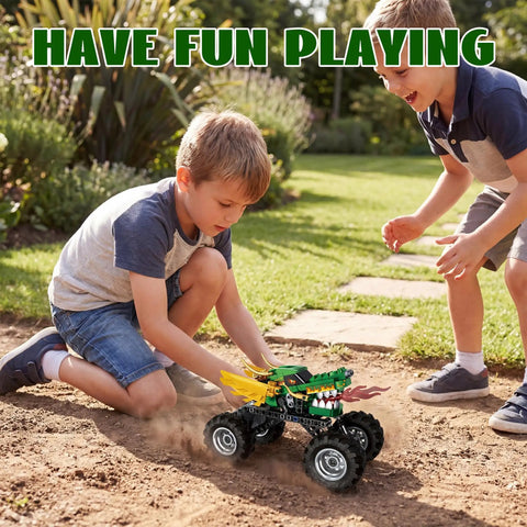 Monster Dragon Truck Building Kit For Kids Green, kid assembling green pull-back truck on dirt outdoors