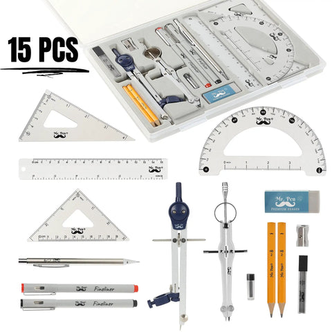 Pro Grade Geometry Set 15 Piece Drafting Kit With Protractor, Compass, Metal Ruler, Triangles, Pencils in Durable Case