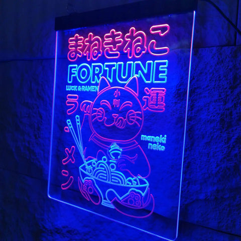 Beckoning Cat Neon Sign for Wall Decor LED Luck Light With Ramen Theme, Japanese Lucky Cat Wall Art for Good Fortune and Health