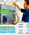Technician using Residential Combustion Analyzer For Home Boilers and Furnaces with Flue Gas Meter, CO and O2 readings on boiler