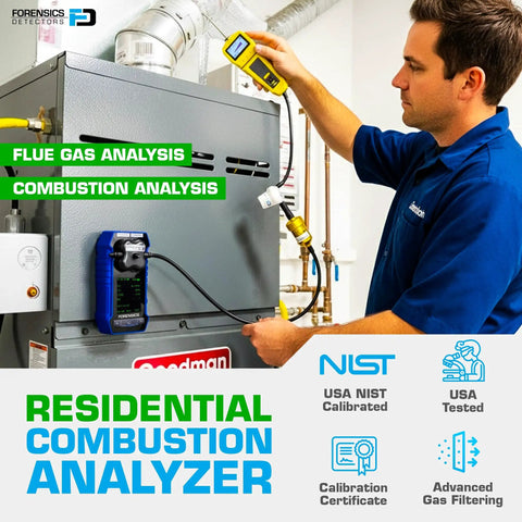 Technician using Residential Combustion Analyzer For Home Boilers and Furnaces with Flue Gas Meter, CO and O2 readings on boiler