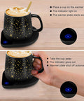Personalized Coffee Mug Warmer With Auto Shut Off Sensor Touch Smart Heating Coaster, with a black starry mug on warming plate.