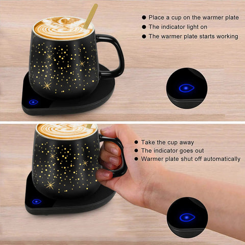 Personalized Coffee Mug Warmer With Auto Shut Off Sensor Touch Smart Heating Coaster, with a black starry mug on warming plate.