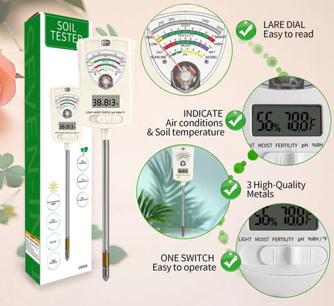 7 In 1 Soil Test Kit For Home Gardeners And Lawn Care With Moisture, pH, Temperature, Sunlight, Humidity And Fertility Meter, Built In 1.6 Inch Sensor, One Button Mode Switch For Easy Indoor Outdoor Plant Diagnostics, white probe meter and box