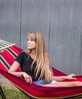 Cotton Blend Bahamas Hammock In Burgundy With Caribbean Colors Soft Cotton Fabric Hardwood Spreader Bars Braided Attachment Rope 78 Inch Length 37 Inch Width Supports Up To 240 Lbs Stand Not Included