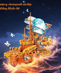 Massive 1864 Piece Fantasy Steampunk Spaceship Building Set For Adults on a fiery wave background.