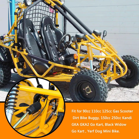 Yellow dune buggy featuring heavy-duty suspension and seats, focus on throttle cable compatibility for 75 Inch Throttle Cable Replacement For 90cc To 250cc Go Karts Dirt Bikes Mini Bikes Gas Scooters And Buggy Rides Fits Kandi GKA Black Widow Yerf Dog And More Heavy Duty Beefy Workhorse Cable.