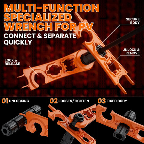 All-In-One Solar Crimp Tool Kit With AWG 16-10 Crimper, IP68 Panel Connectors, spanner wrench showing lock and unlock steps.