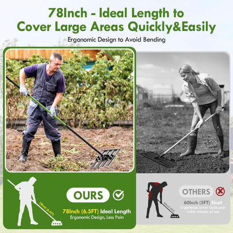 Person using Lawn Leveling Rake With 6.5 Foot Stainless Steel Handle, 35 By 10 Inch Ground Leveler for leveling soil in yard