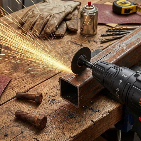 Drill using 50 Pack 2 Inch Die Grinder Cut Off Wheels with 3/8 Inch Arbor for Air Grinders and Rotary Tools, cutting metal pipe