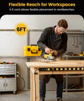 Heavy Duty Power Strip With 10 Grounded Outlets And Surge Protector Plug In Everything Without Breaking A Sweat Thanks To Wide Plug Spacing And A Rock Solid Metal Build For Workshop Or Home Office Setup on a workbench with a 6 ft cord.