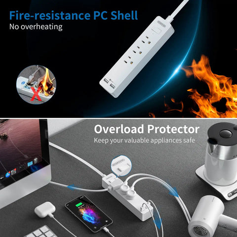 Ultra Thin Flat Extension Cord 10 Ft With 3 Outlets And 2 USB Low Profile Rug Under Carpet Power Strip, fire-resistant shell