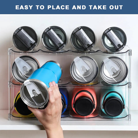 Kick That Bottle Jumble With This 3 Tier Stackable Water Bottle Organizer That Cradles 12 Big Tumblers And Fits Stanley Sizes Perfectly. Clear rack holds colorful tumblers.