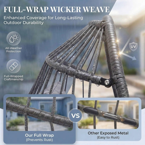 Close-up of wicker weave detail on Hanging Egg Chair Indoor Outdoor Without Stand With Cushion Gray for patio use.