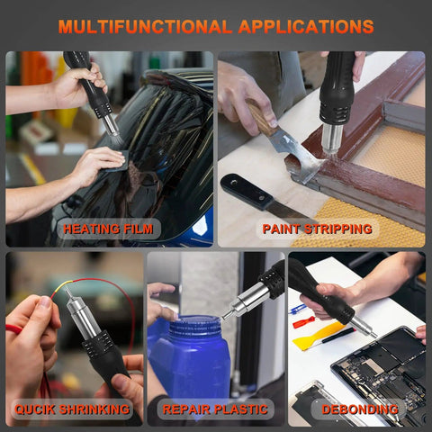 Hot Air Rework Station With Soldering Capability And Airflow Adjustable Fast Warm Up In 3 To 5 Seconds Digital LED Display Desoldering Tool in use for heating film, paint stripping, wire shrink, plastic repair, and debonding.