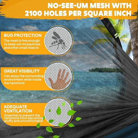 Ultra Light Travel Hammock With Pop Up Net 660Lb Capacity showing no-see-um mesh for bug protection by the sea