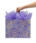 13 Inch Large Rose Purple Gift Bag Set with Greeting Card and Tissue Paper, Gold Foil Accents and Dope Floral Design, held by hand