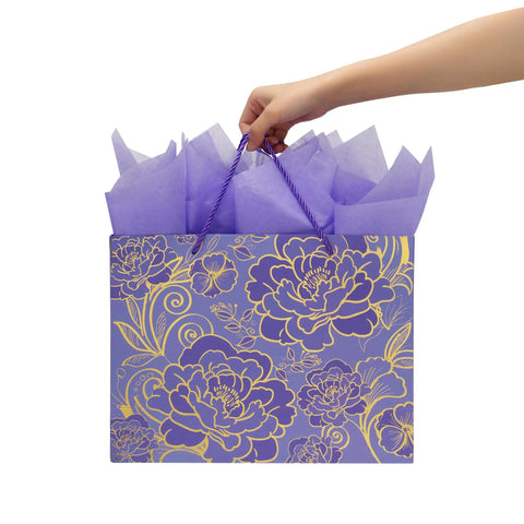13 Inch Large Rose Purple Gift Bag Set with Greeting Card and Tissue Paper, Gold Foil Accents and Dope Floral Design, held by hand