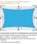 Diagram of rectangular sun shade sail 4x4 ft installation with support points, turquoise color, highlighting size calculation.