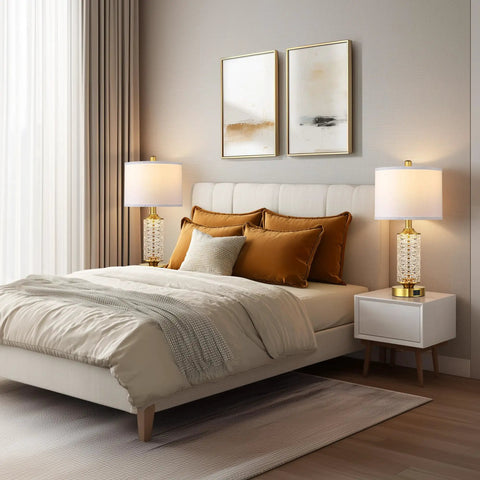 Set Of 2 Dope Gold Table Lamps With USB A And C Ports And Built In Night Light Top Table Lamp Plus Bottom Night Light on nightstands