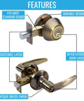 Features of the Tustin Series Keyed Alike Entry Lever Lock and Single Cylinder Deadbolt Combo in Antique Brass Finish