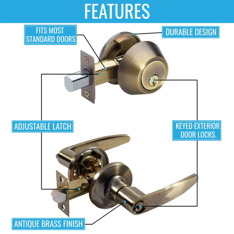Features of the Tustin Series Keyed Alike Entry Lever Lock and Single Cylinder Deadbolt Combo in Antique Brass Finish