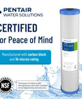 Image of Pentair Water Solutions 20 Inch Big Blue Carbon Water Filter Cartridge With Bonded Powdered Activated Carbon 10 Micron Fits All 20 Inch Housings Whole House Filtration For Chlorine Taste Odor Reduction And Sediment with certification labels.