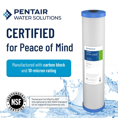 Image of Pentair Water Solutions 20 Inch Big Blue Carbon Water Filter Cartridge With Bonded Powdered Activated Carbon 10 Micron Fits All 20 Inch Housings Whole House Filtration For Chlorine Taste Odor Reduction And Sediment with certification labels.