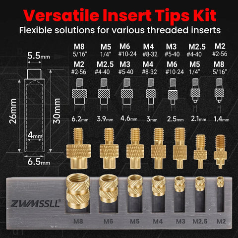 Eight Piece Soldering and Heat Set Tip Kit for Thread Inserts in 3D Printed Parts With M2 to M10 and Inch Sizes displayed