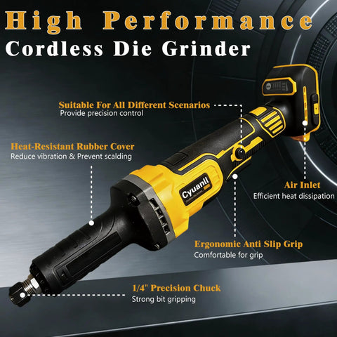 Cordless Die Grinder With 20V Battery Compatibility One Quarter Inch Precision Chuck Four Speed 26000 RPM Brushless Motor