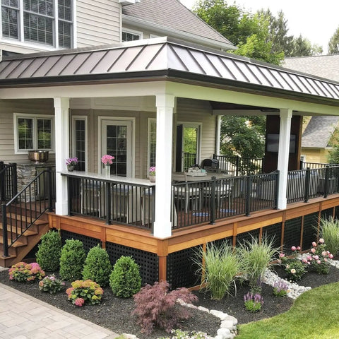 Slick Aluminum Railing Kit For Indoor Outdoor Deck And Stair Guard Rail With Pre Drilled Template For No Brainer Diy Install On Wood Or Concrete Without Posts At 36 Inches on a porch with flowers and plants.