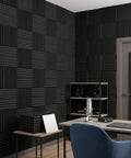 52 Pack Black Acoustic Foam Tiles With Bonus Double Sided Tape Killer Sound Absorbing Studio Wall Panels For Home Theater And Gaming Rig Total Echo Dampening 12 Inch Grid Texture on walls.