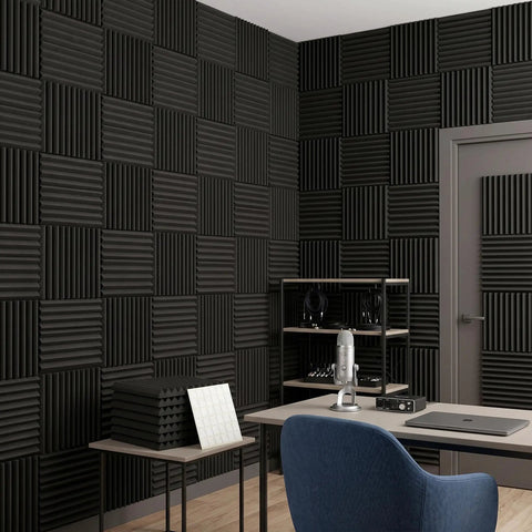 52 Pack Black Acoustic Foam Tiles With Bonus Double Sided Tape Killer Sound Absorbing Studio Wall Panels For Home Theater And Gaming Rig Total Echo Dampening 12 Inch Grid Texture on walls.