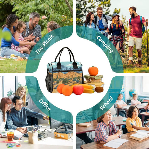 Desert Landscape Insulated Cooler Bag For Women Portable Leakproof Lunch Tote with fruits on table, ideal for picnic, school and office