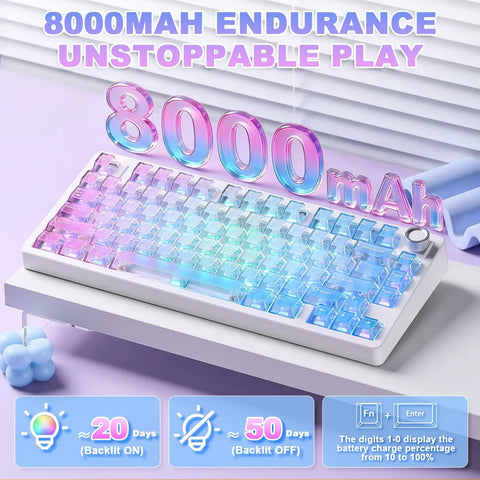 Tri Mode Wireless Gaming Keyboard With Bluetooth Five Point Zero And Usb Cable Fast Switching Mechanical Keys on a desk with colorful backlit keys.