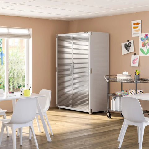 Lockable Solid Steel Storage Cabinet With Adjustable Shelves For Garage Warehouse Office And Classroom 48 W X 24 D X 72 H Built Tough For Everyday Use With Stainless Doors in an office setting.