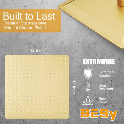 12 Inch Square Rain Shower Head High Pressure Stainless Steel Brushed Gold, showing durability and heat resistance features.
