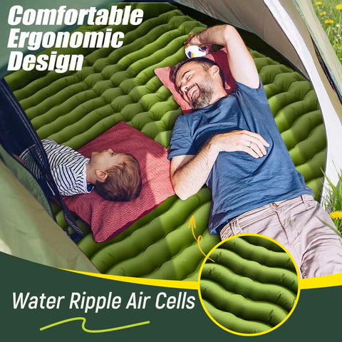 Double Sleeping Pad For Two With Built In Pillows, Self Inflating 4 Inch Thick Inflatable Mat with father and child camping