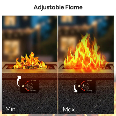 Adjustable flame settings on 28 Inch Propane Fire Pit Table, 3 In 1 Outdoor Gas Fire Pit With Lid And Lava Rock, 50,000 BTU Steel Fire Pit