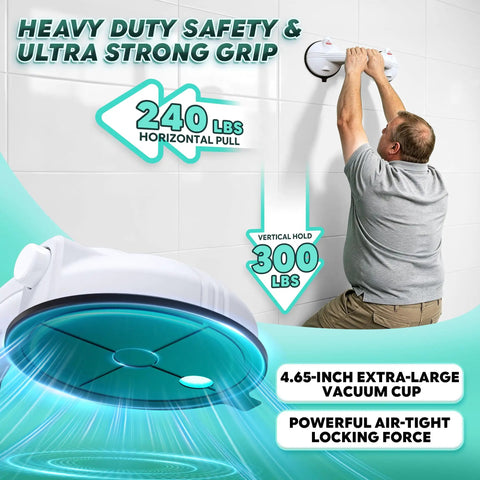 Upgraded Suction Shower Grab Bars For Seniors mounted on tile, showcasing strong grip and 300 lbs support, ideal for bathroom safety.