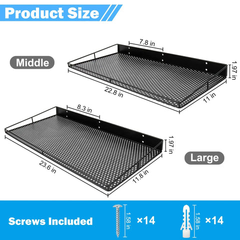 Diagram showing dimensions of Beefy Heavy Duty Wall Shelves 2 Pack, Large Wall Mounted Garage Shelves with included screws.