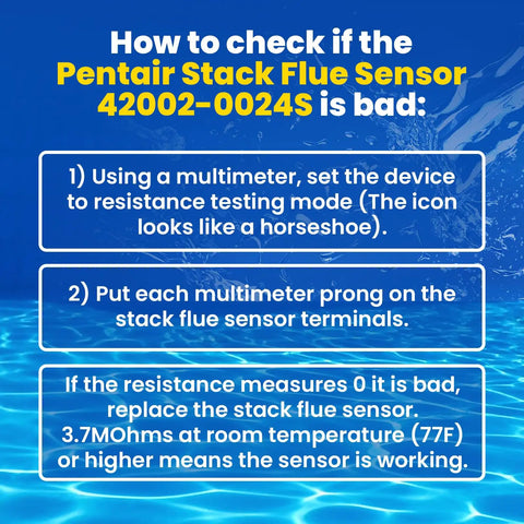 Instructions to test Pentair Stack Flue Sensor 42002-0024S reliability in pool heaters with multimeter resistance.