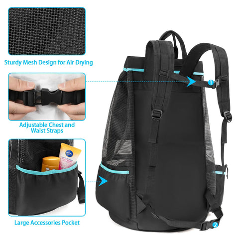 Back view of XL Scuba Dive Backpack With Wet Dry Separation And Large Mesh Gear Bag, showing straps and large pocket detail