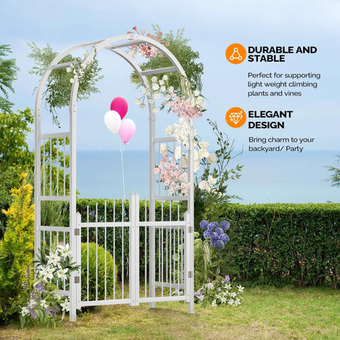 Garden Arbor With Gate PVC Frame Trellis Arch For Climbing Plants Outdoor Wedding Backdrop White Vinyl Pergola Standing with balloons