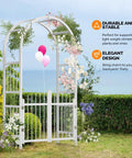 White PVC Garden Arbor With Gate Wedding Arch For Outdoor Ceremony And Party with flowers in a garden setting.