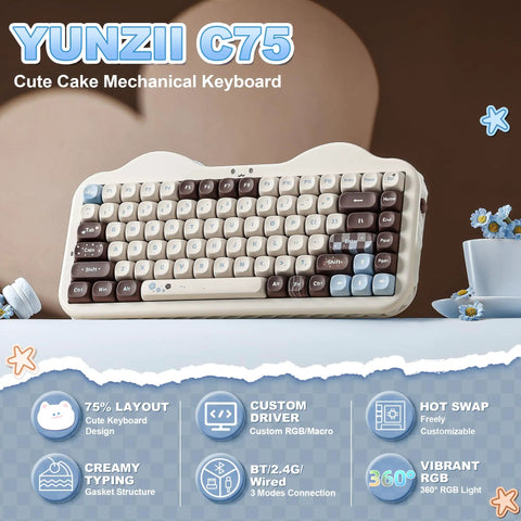 Killer 75 Percent Wireless Mechanical Keyboard With Cute Cake Theme And Compact Layout Featuring Smooth Choco And Candy Switches For A Sweet Gaming Setup And Dope Desk Vibes viewed from front with pastel keys and RGB lighting.
